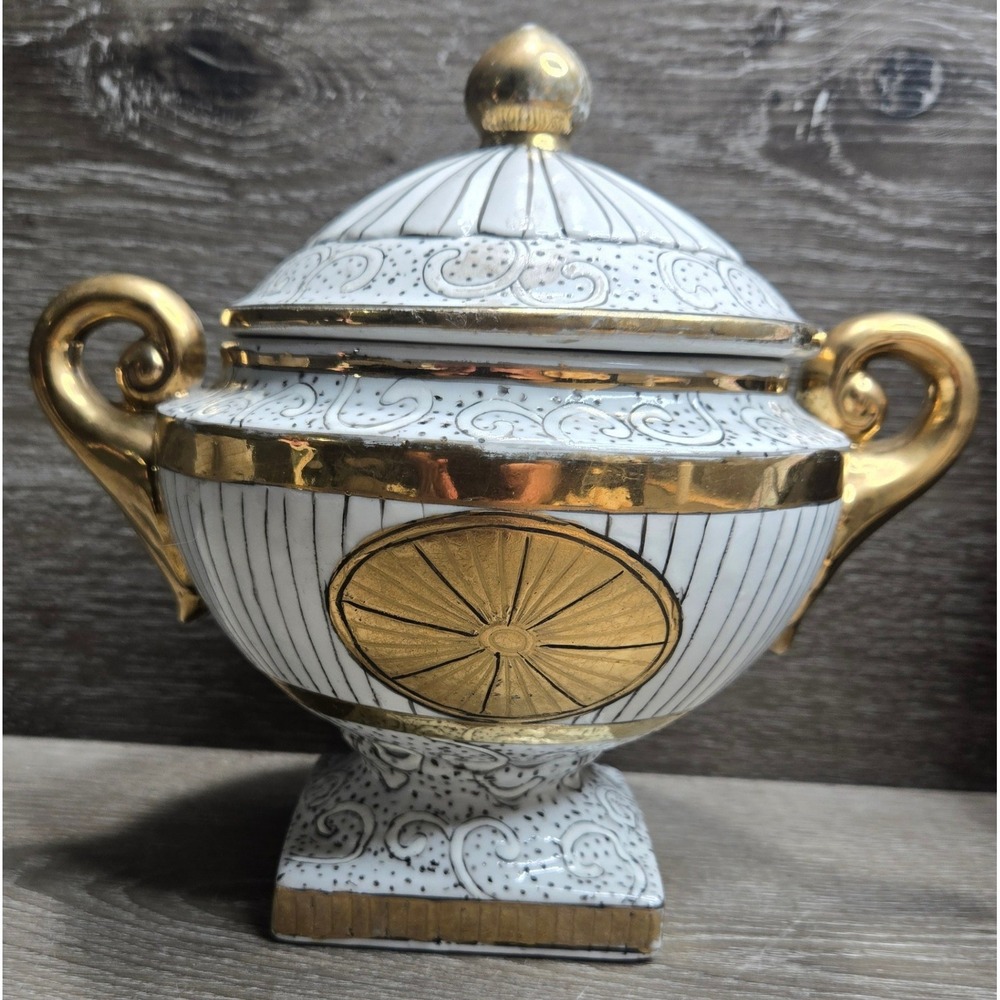 Vintage Asian Porcelain Lidded Urn White Gold Double Handle DecorTemple Jar